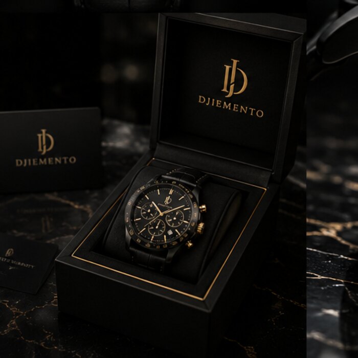 Djiemento-horloge in zwart en goud, in geschenkdoos
